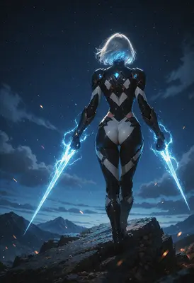 Cybernetic Warrior Standing Against Night Sky