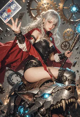 Steampunk Sorceress Riding Mechanical Beast