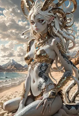 Serpentine Goddess on a Sunlit Shore