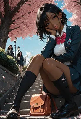 Playful Schoolgirl Under Blooming Cherry Blossoms