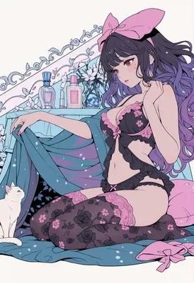 Elegant Lingerie and Her Pet Cat