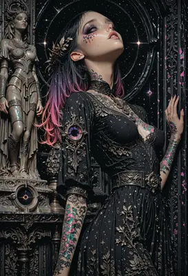 Gothic Muse Among Ancient Statues