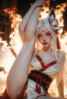 Ethereal Kitsune Spirit Amidst Dancing Flames