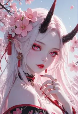 Oni Maiden Beneath Cherry Blossoms