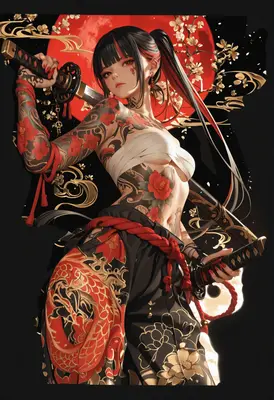 Tattooed Samurai Warrior Under Red Moon