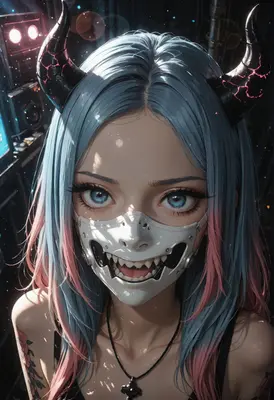 Cybernetic Demon Girl with Oni Mask