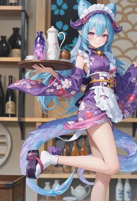 Blue Haired Dragon Maid Serving Tea