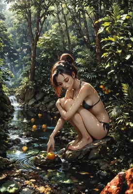 Serene Maiden by the Forest Stream