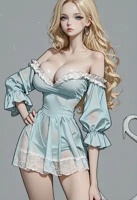 Elegant Blonde in a Sheer Blue Dress