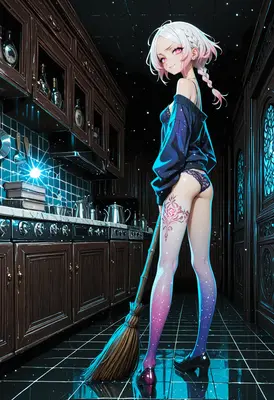 Midnight Witch Sweeping the Kitchen