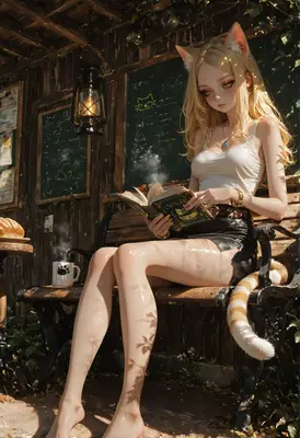 Cat Girl Reading in Wooden Garden