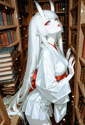 White Haired Oni in Ancient Library