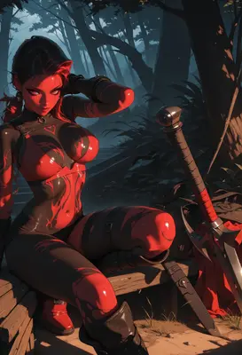 Red Demon Warrior Resting in Forest