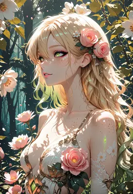 Blonde Maiden Amidst Enchanted Forest Flowers