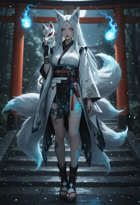 Mystical Kitsune Spirit at Torii Gate