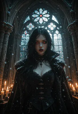 Gothic Vampire Queen in Winter Cathedral
