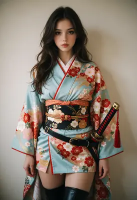 Young Warrior in Floral Kimono