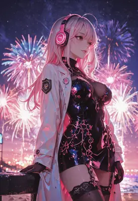 Pink Haired Girl Under Night Fireworks