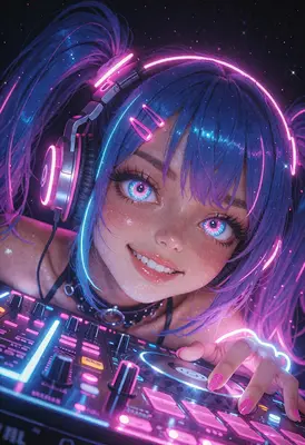 Neon DJ Girl with Glowing Headphones