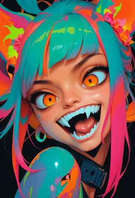 Neon Fanged Anime Girl Portrait