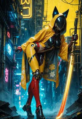 Cybernetic Ronin in Rainy Neon Alley
