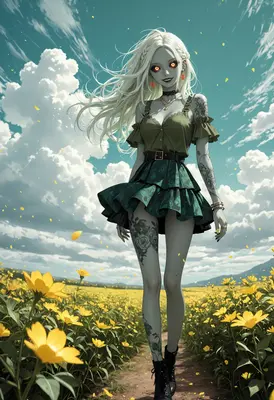 Ethereal Undead Girl in Floral Field
