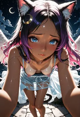 Weeping Cat Girl Under Moonlight