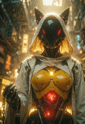 Cybernetic Cat Girl in Neon Rain