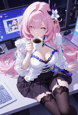 Elysia Enjoying Coffee at Her Desk