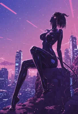 Neon Succubus Over Cyberpunk City