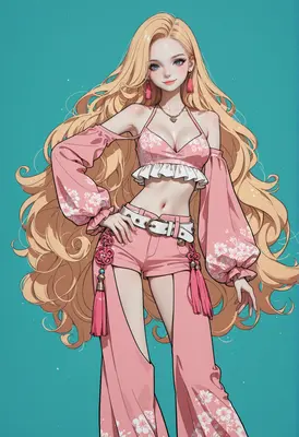 Elegant Blonde in Floral Pink Ensemble