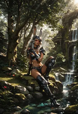 Warrior Rabbit Resting by Hidden Waterfall