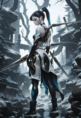 Cyborg Warrior in a Snowy Forest