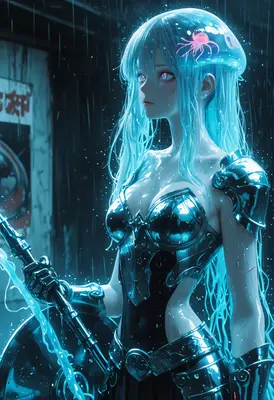 Bioluminescent Jellyfish Warrior in Rain