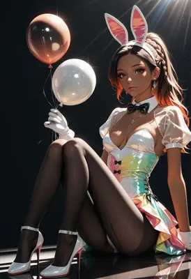 Iridescent Bunny Girl with Balloons