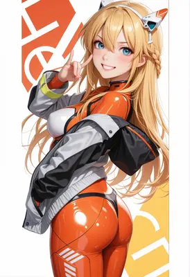 Energetic Blonde Pilot in Orange Suit