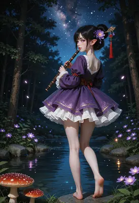 Elven Flutist by the Moonlit Stream