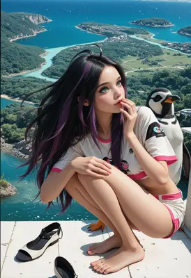 Girl and Penguin Overlooking Tropical Coast