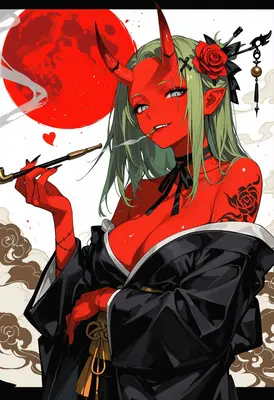 Red Oni Smoking Under Crimson Moon