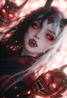 Oni Demon Maiden with Glowing Masks