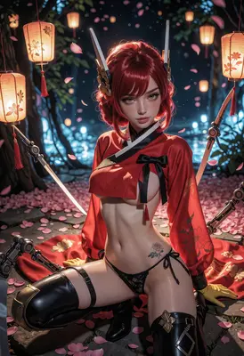 Red Warrior Amidst Falling Petals