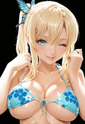 Winking Blonde Girl with Butterfly Accessory