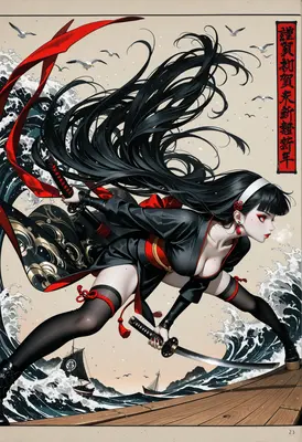 Samurai Maiden Fighting Amidst Ocean Waves