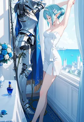Elf Maiden Beside Her Knight Armor