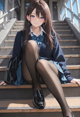 Schoolgirl Resting on Outdoor Stairs