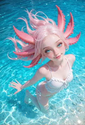 Ethereal Axolotl Girl Swimming In Pool