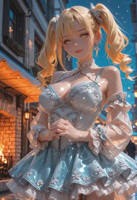 Glistening Blonde Beauty in Blue Dress