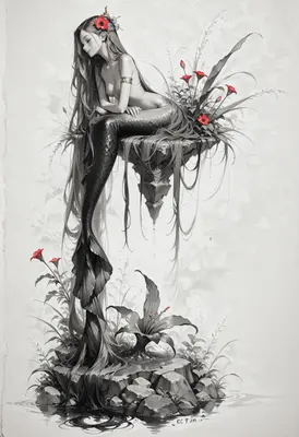 Monochrome Mermaid Resting on Stone