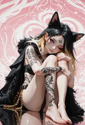 Tattooed Cat Girl in Dark Cloak