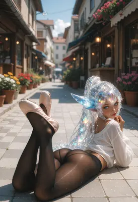 Crystalline Elf Resting on Cobblestone Street
